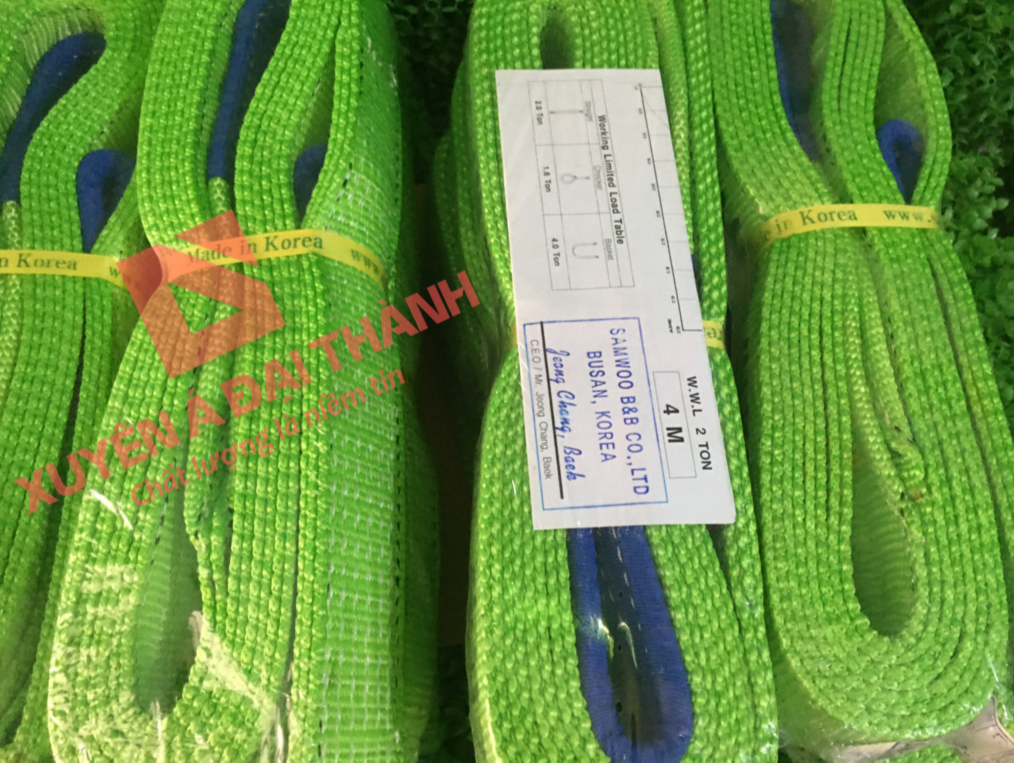 Dây Cẩu Vải 2 Tấn Loại Bản Dẹt 2 Đầu Mắt - Samwoo - Hàn Quốc
