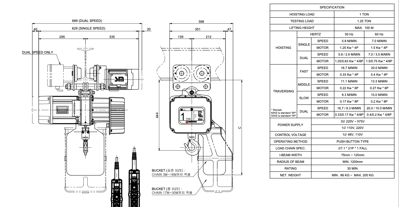 Bản Vẽ Kỹ Thuật Pa Lăng Xích Điện 1 Tấn SCT-S1000 SAMSUNG Hàn Quốc