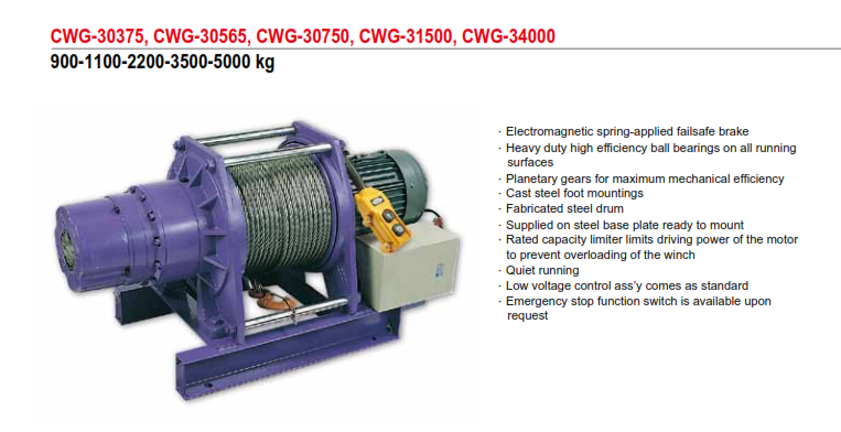 Tời Cáp Điện COMEUP Đài Loan Loại 900-1100-2200-3500-5000KG CWG-30375, CWG-30565, CWG-30750, CWG-31500, CWG-34000 Tời Cáp Điện COMEUP Đài Loan Loại 900-1100-2200-3500-5000KG CWG-30375, CWG-30565, CWG-30750, CWG-31500, CWG-34000